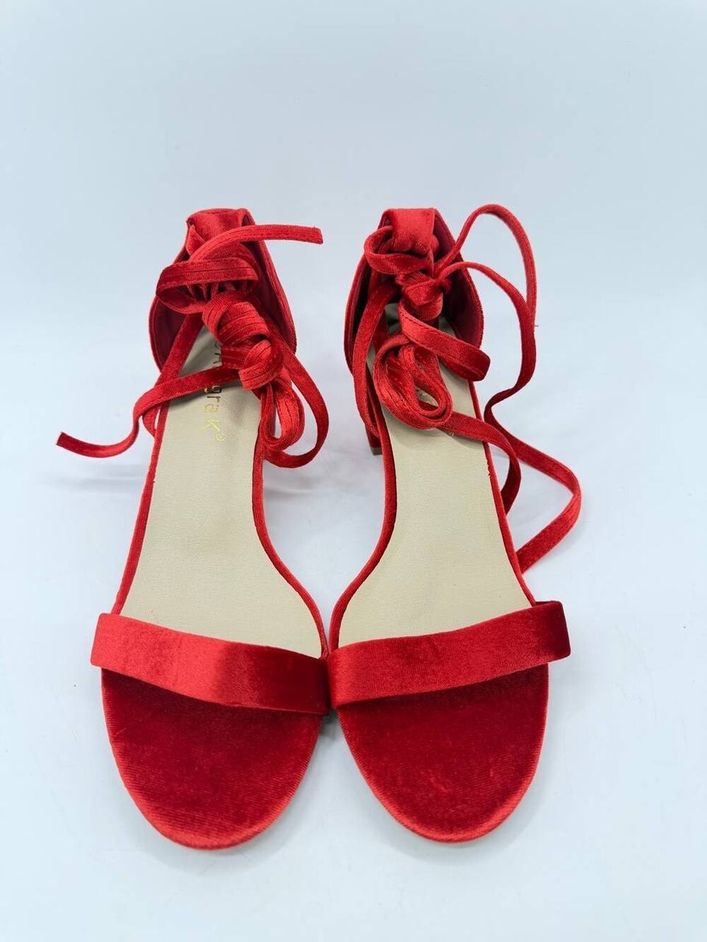 Allegra K Red Velvet Lace Up Block Heel Sandals Women's US 10.5 Open Toe